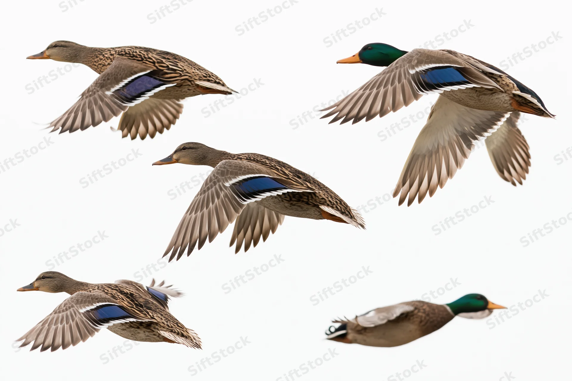 Five mallards in flight against a white background, showing male and female plumage in various wing positions
