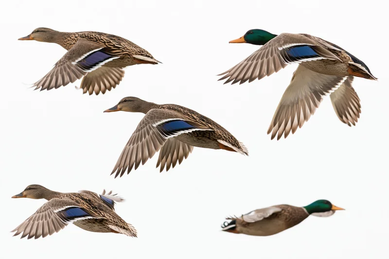 Five mallards in flight against a white background, showing male and female plumage in various wing positions