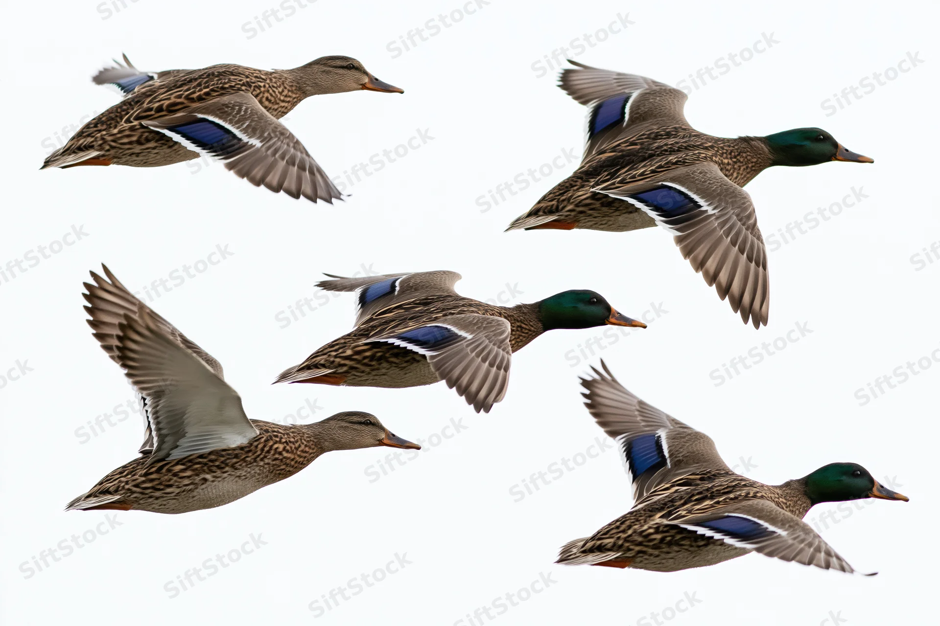 Mallard ducks in mid-flight against a white background