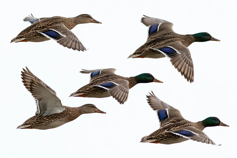 Mallard ducks in mid-flight against a white background