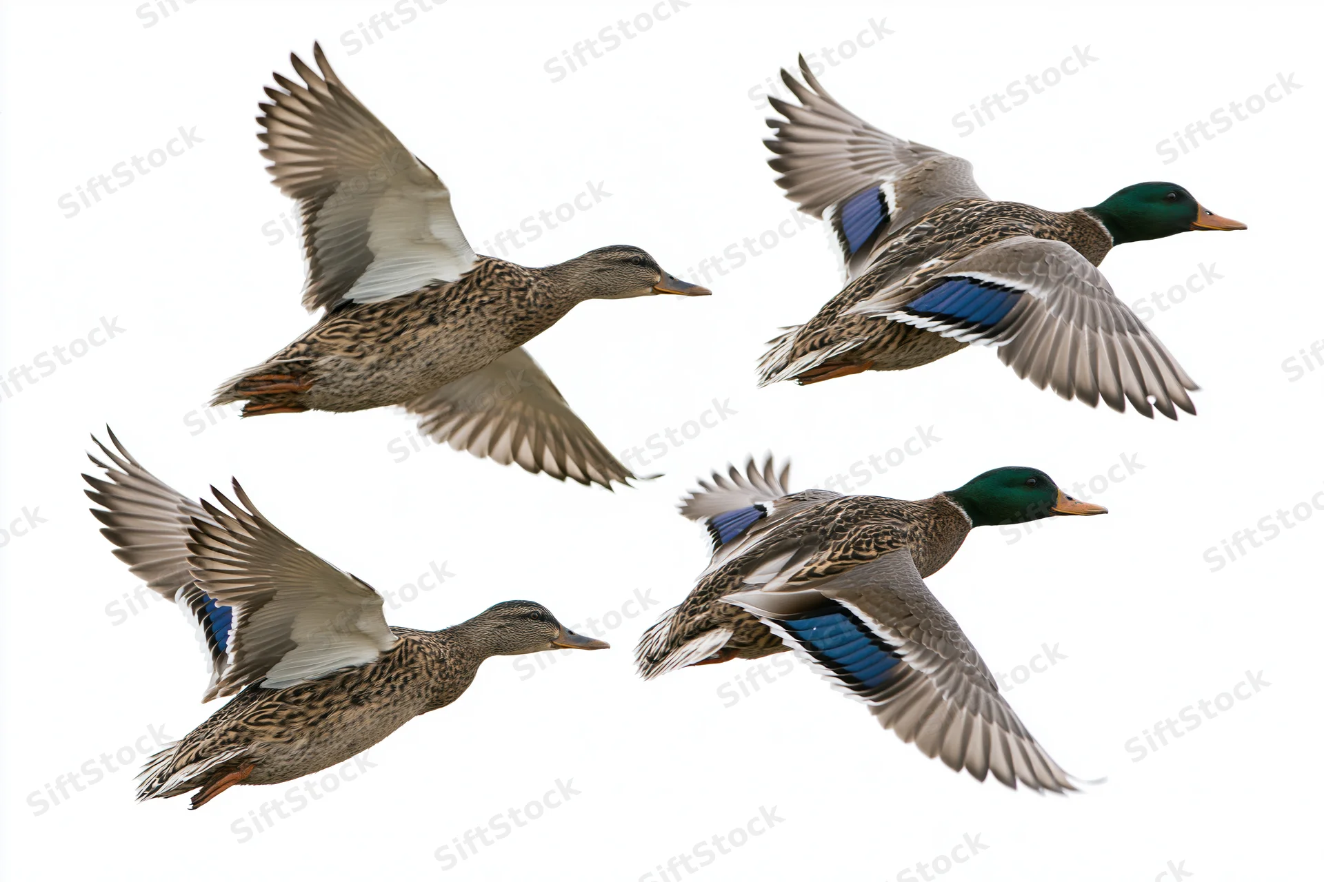 Four mallard ducks in mid-flight against a white background
