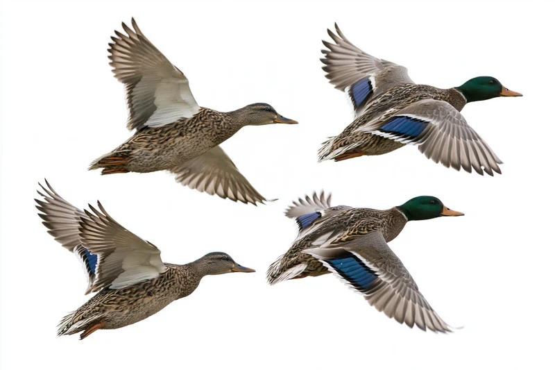 Four mallard ducks in mid-flight against a white background