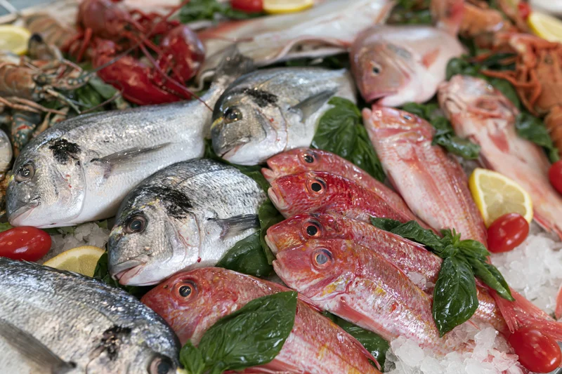 Whole fresh fish and shellfish arranged on crushed ice with basil and lemon slices