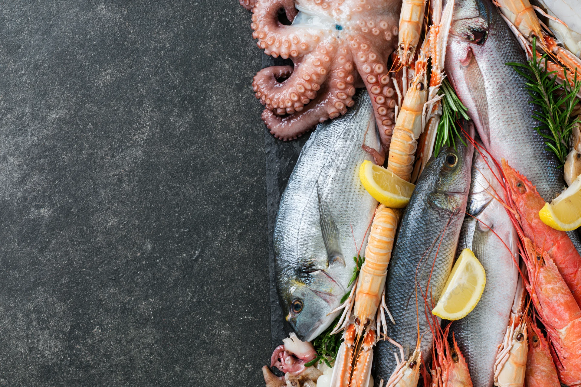 Fresh whole fish octopus and langoustines arranged on slate with lemon and herbs for seafood platter display