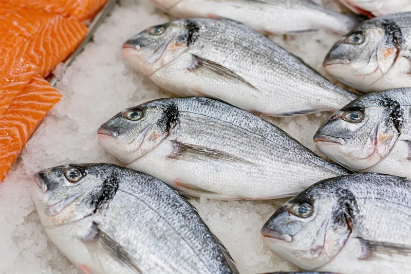 Whole sea bream fish arranged on crushed ice at a market display