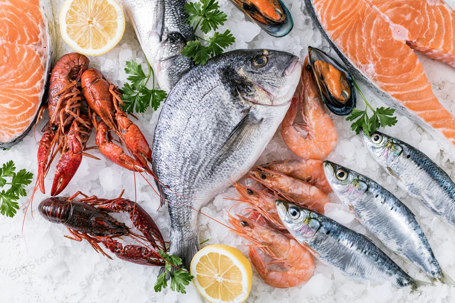 Fresh whole fish and shellfish arranged on ice with lemon and parsley