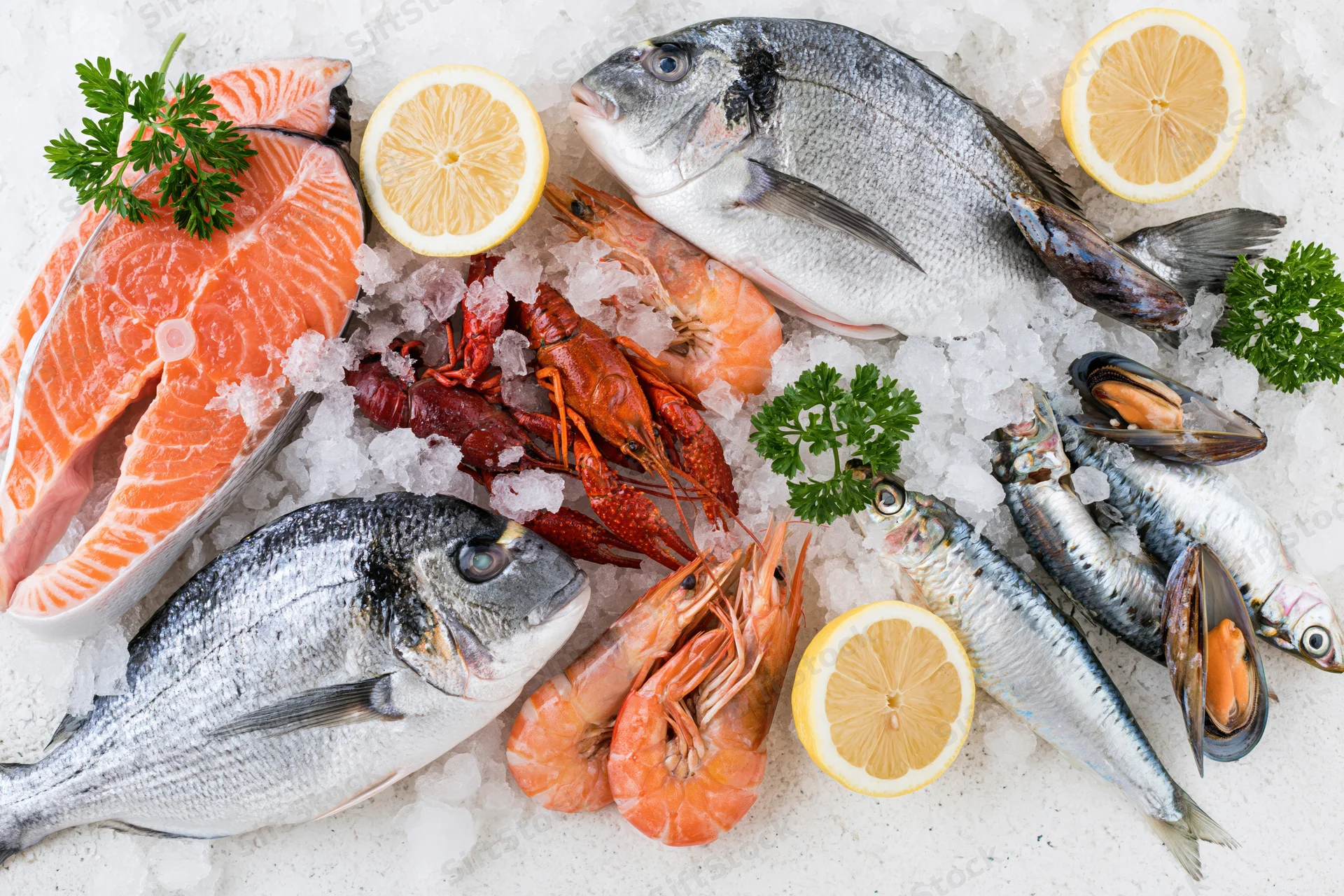 Fresh whole fish and shellfish arranged on ice with lemon and parsley for display