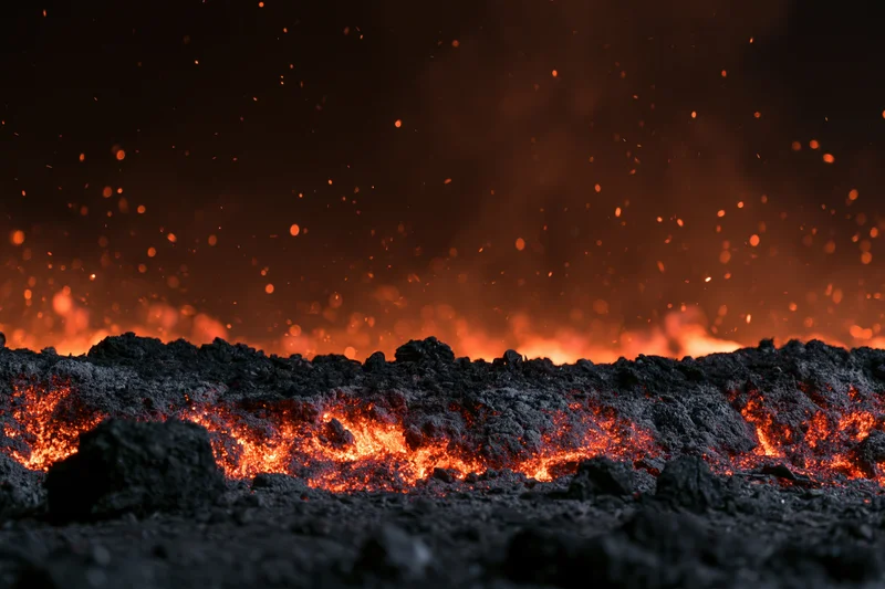 Glowing coal embers burning along the ground at night