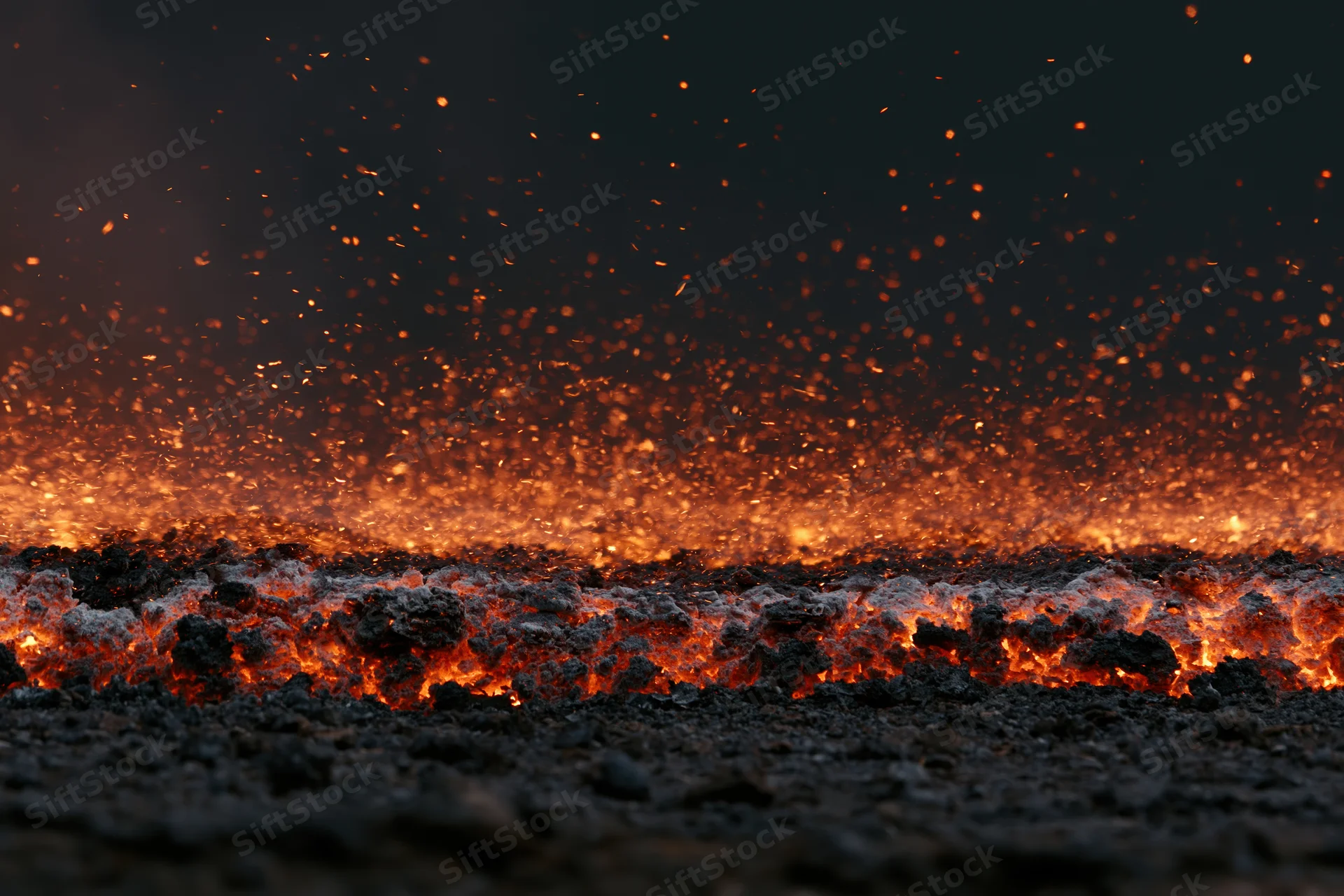 Glowing coal embers burning along the ground at night