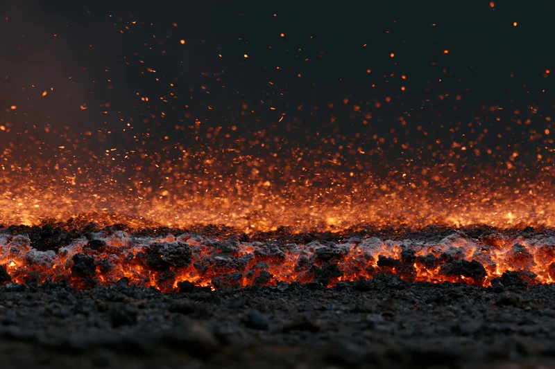 Glowing coal embers burning along the ground at night