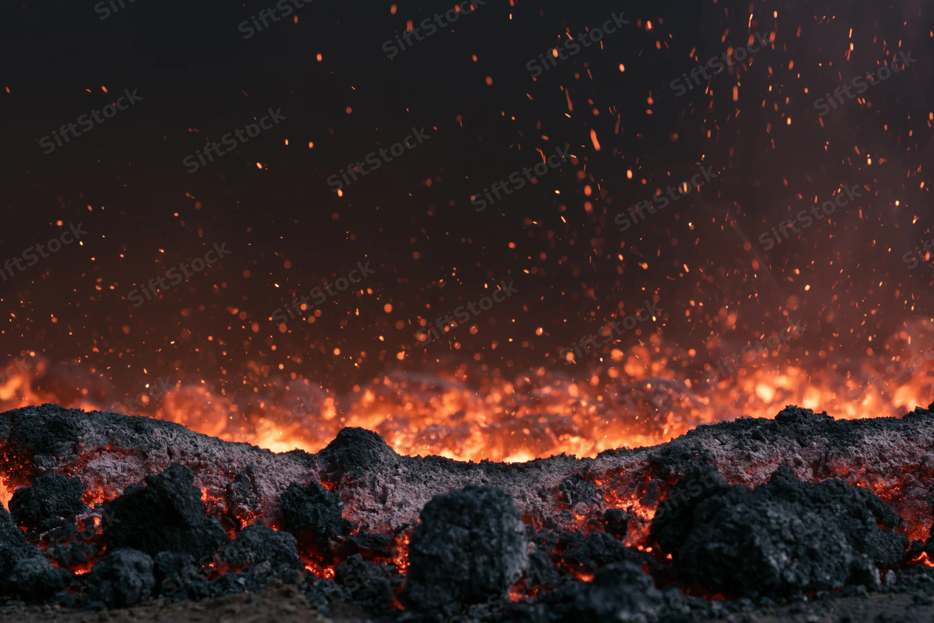 Glowing coal embers burning along the ground at night