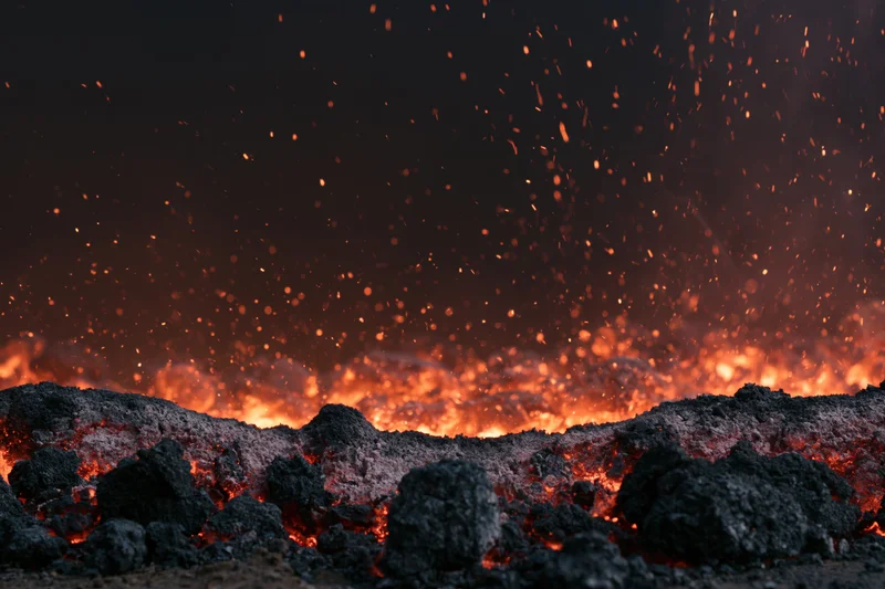 Glowing coal embers burning along the ground at night