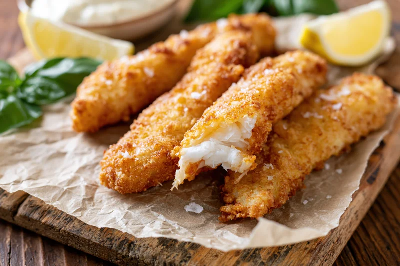 Golden fried breaded fish strips arranged on crumpled parchment paper on wooden board with lemon and basil garnish