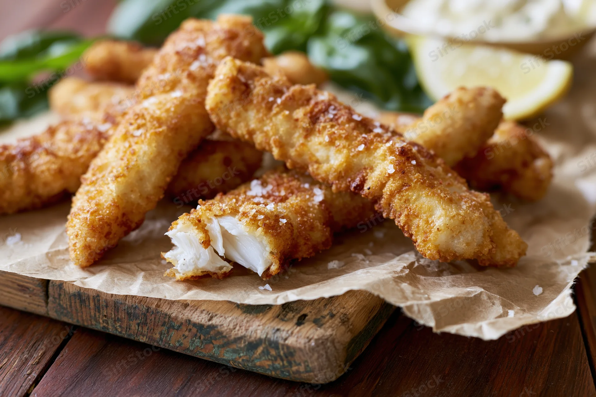 Golden fried breaded fish strips on crumpled parchment paper atop a wooden cutting board