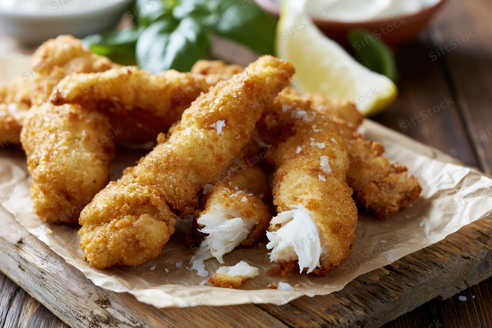 Golden fried breaded fish strips on parchment paper atop a wooden board with lemon wedge and basil garnish