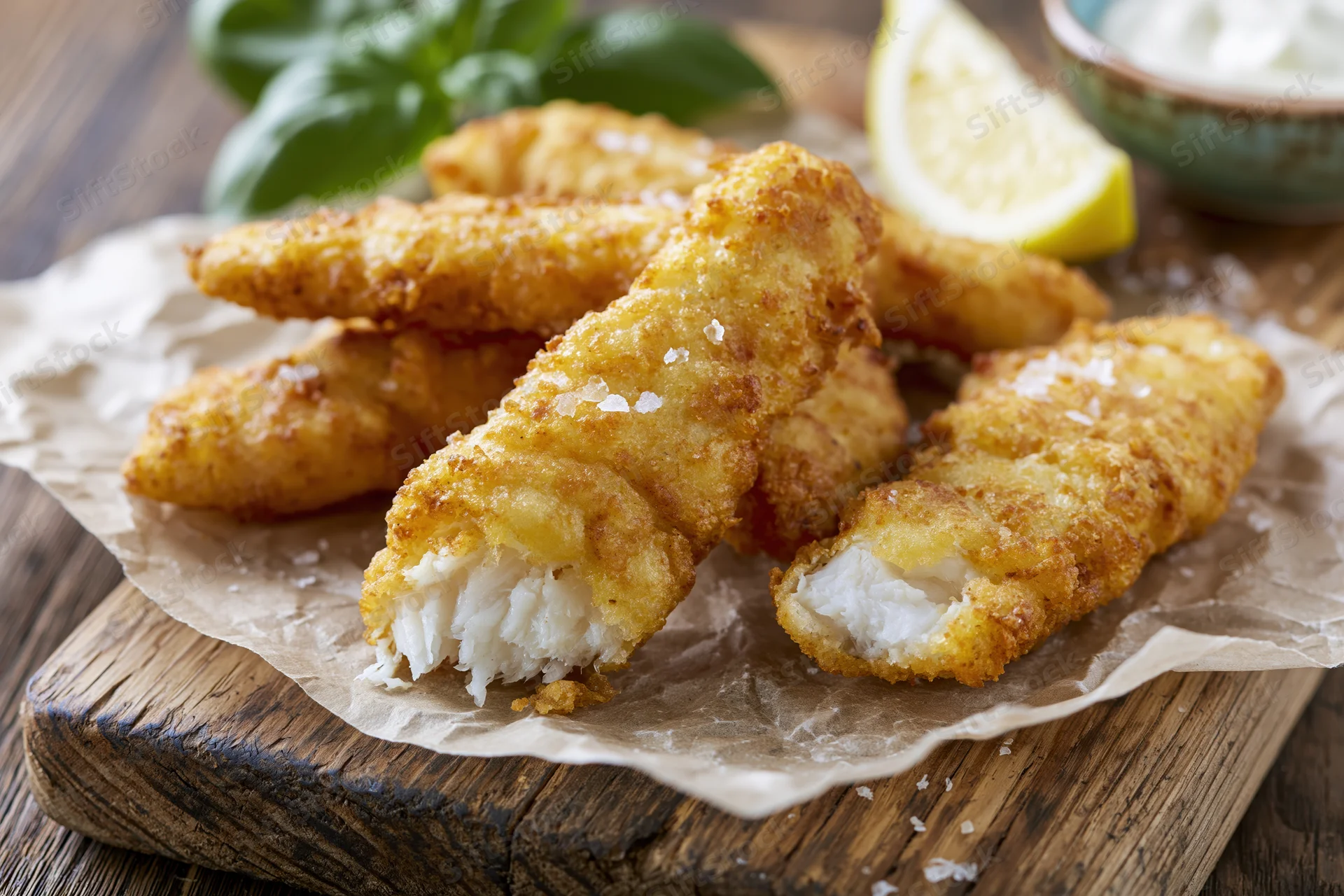 Golden fried breaded fish strips on parchment paper atop a wooden board with lemon and basil garnish