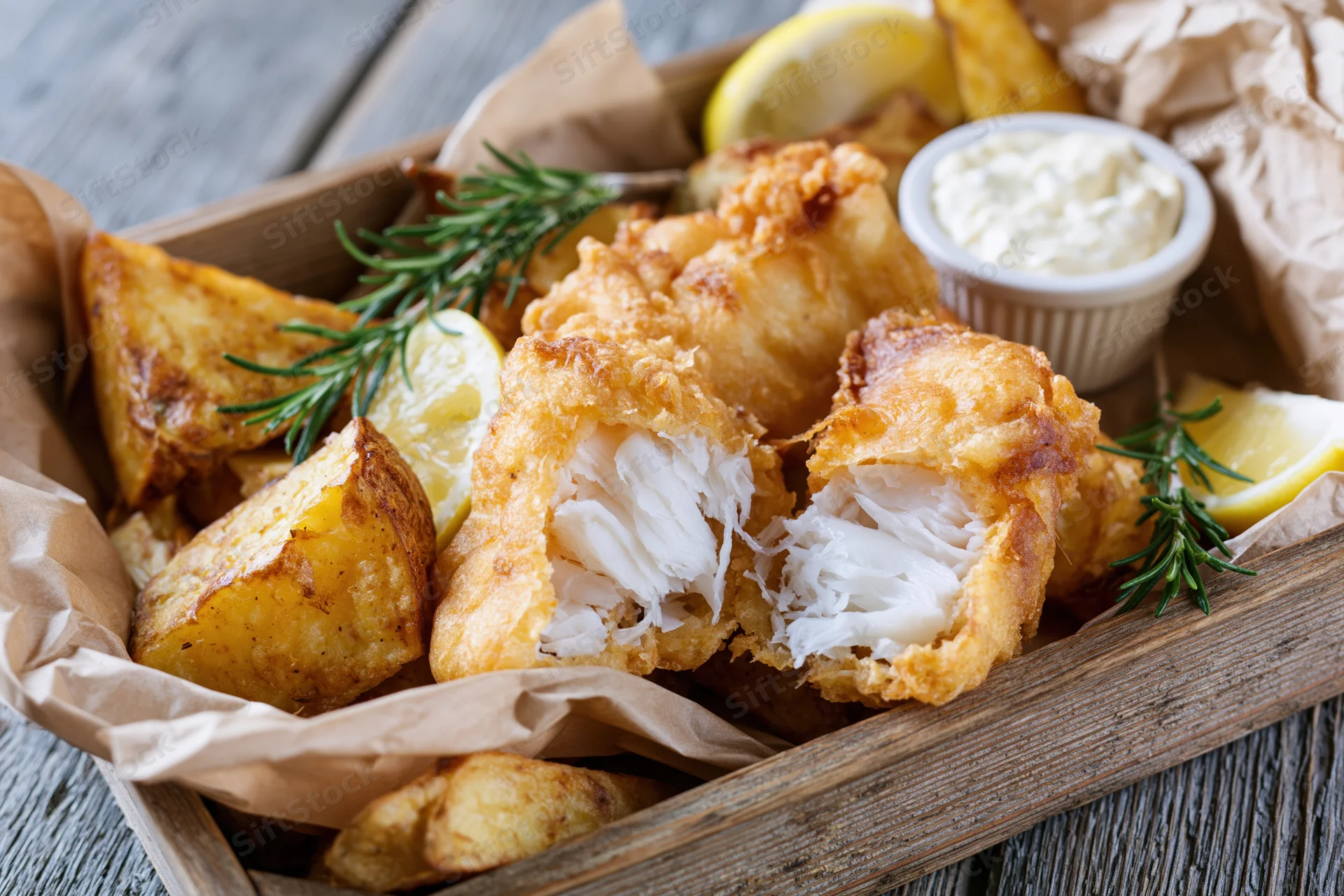 Golden battered fish fillet broken open to reveal flaky white interior with chips and lemon on wooden tray