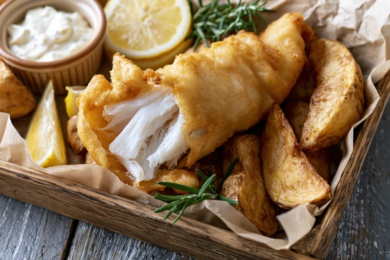 Golden battered fish fillet broken open to reveal flaky white interior served with potato wedges and lemon in a wooden tray lined with parchment paper