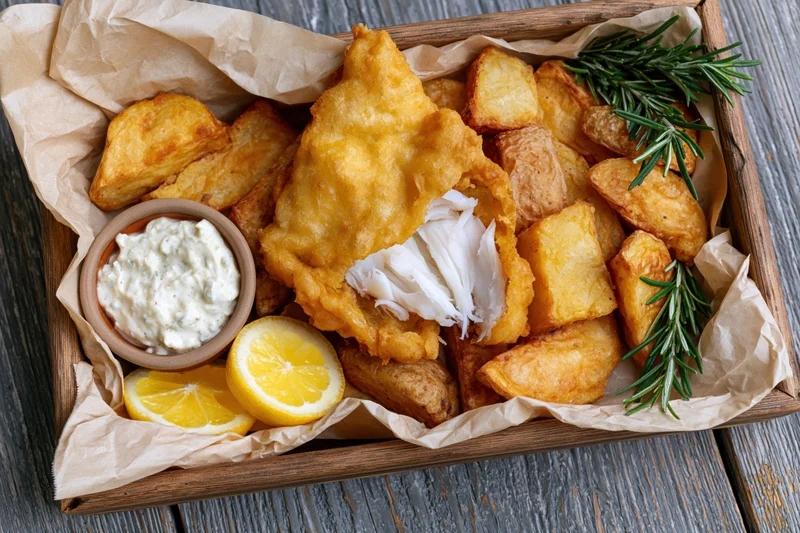 Golden battered fish fillet broken open to reveal flaky white interior served with chips lemon and tartar sauce in a wooden tray lined with parchment paper