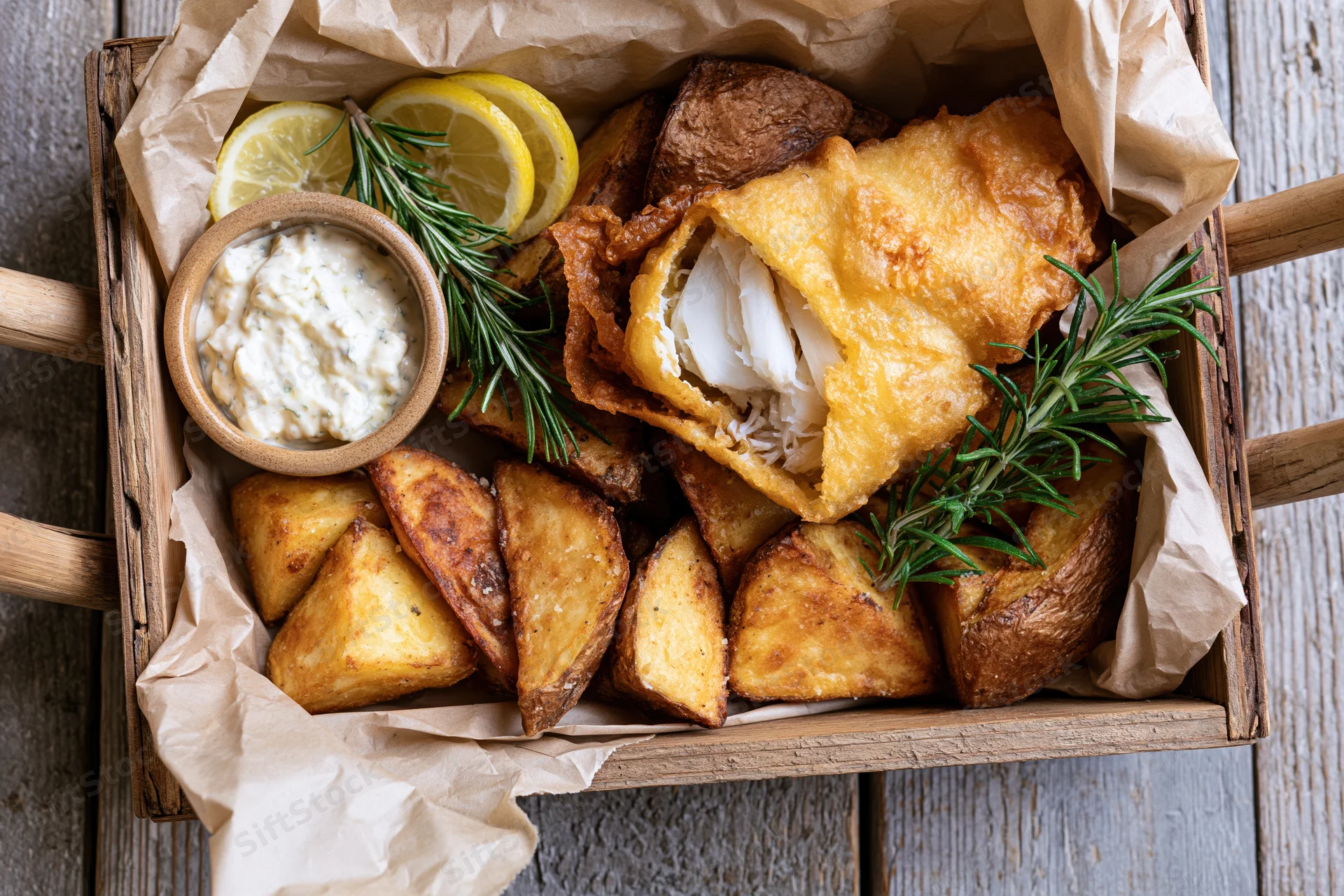 Golden battered fish fillet broken open to reveal flaky white interior with roasted potato wedges and tartar sauce in a wooden tray lined with paper