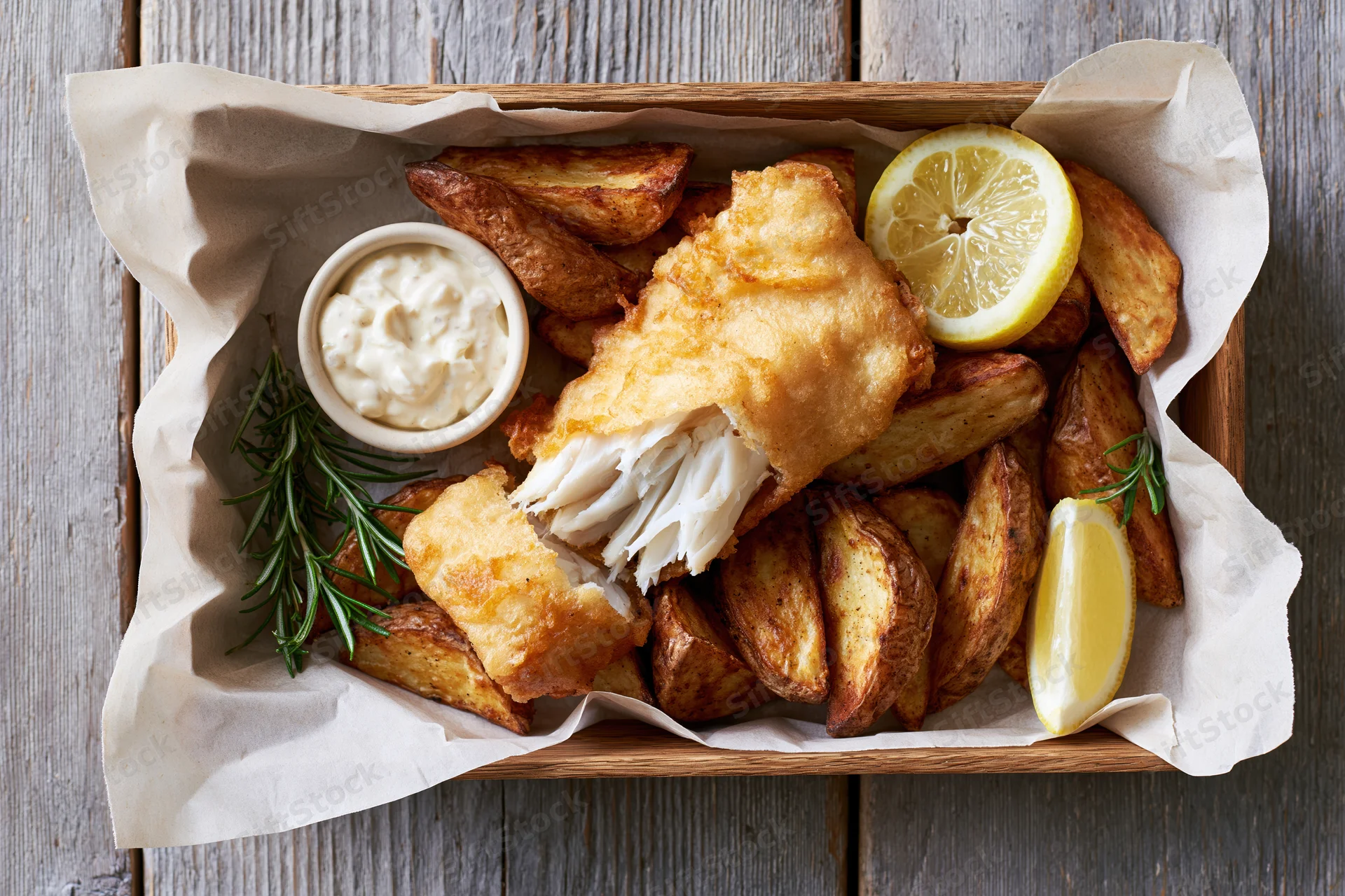 Golden battered fish fillet broken open to reveal flaky white meat with potato wedges, lemon, rosemary, and tartar sauce in a wooden tray lined with parchment paper on a gray wooden surface