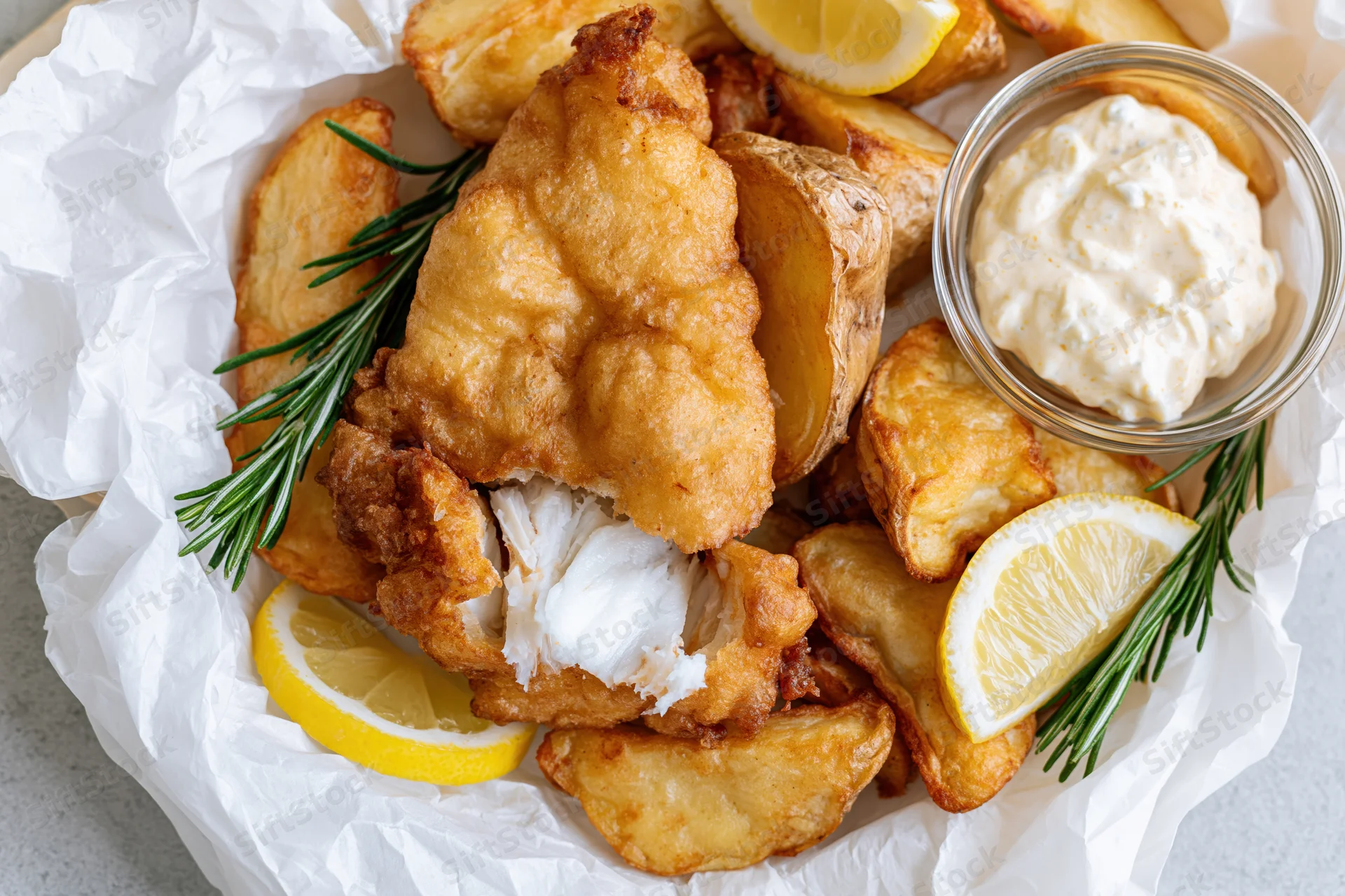 Golden battered fish fillet with crispy potato chips and lemon slices served in a paper-lined basket with tartar sauce and rosemary garnish