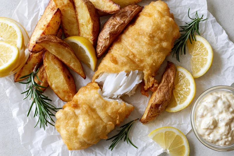 Golden battered fish fillet with broken piece revealing white flaky interior served with potato wedges lemon slices rosemary and tartar sauce on crumpled paper