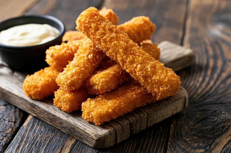 Golden breaded fish fingers piled on a small weathered wooden board with a side of creamy dip