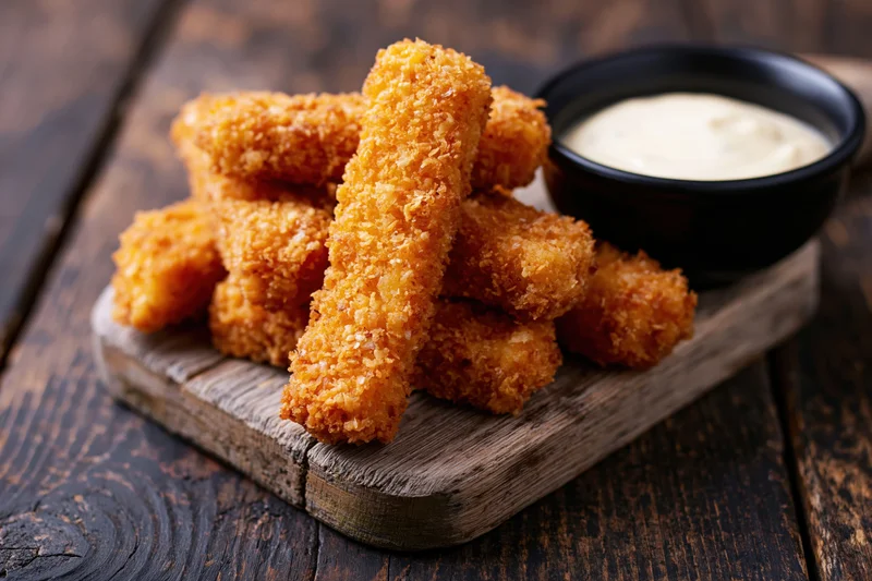 Golden breaded fish fingers piled on a small weathered wooden board with a side of creamy dip