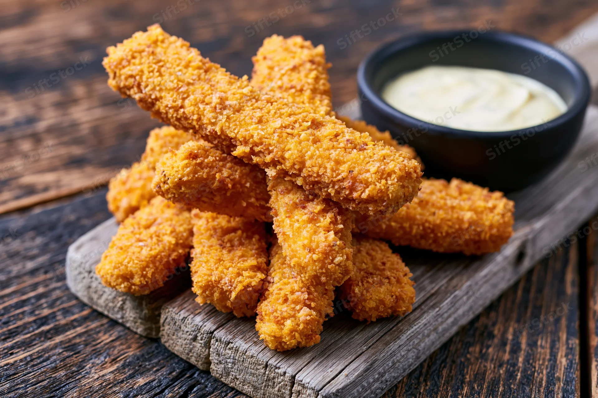 Golden breaded fish fingers piled on a weathered wooden board with a side of creamy dip