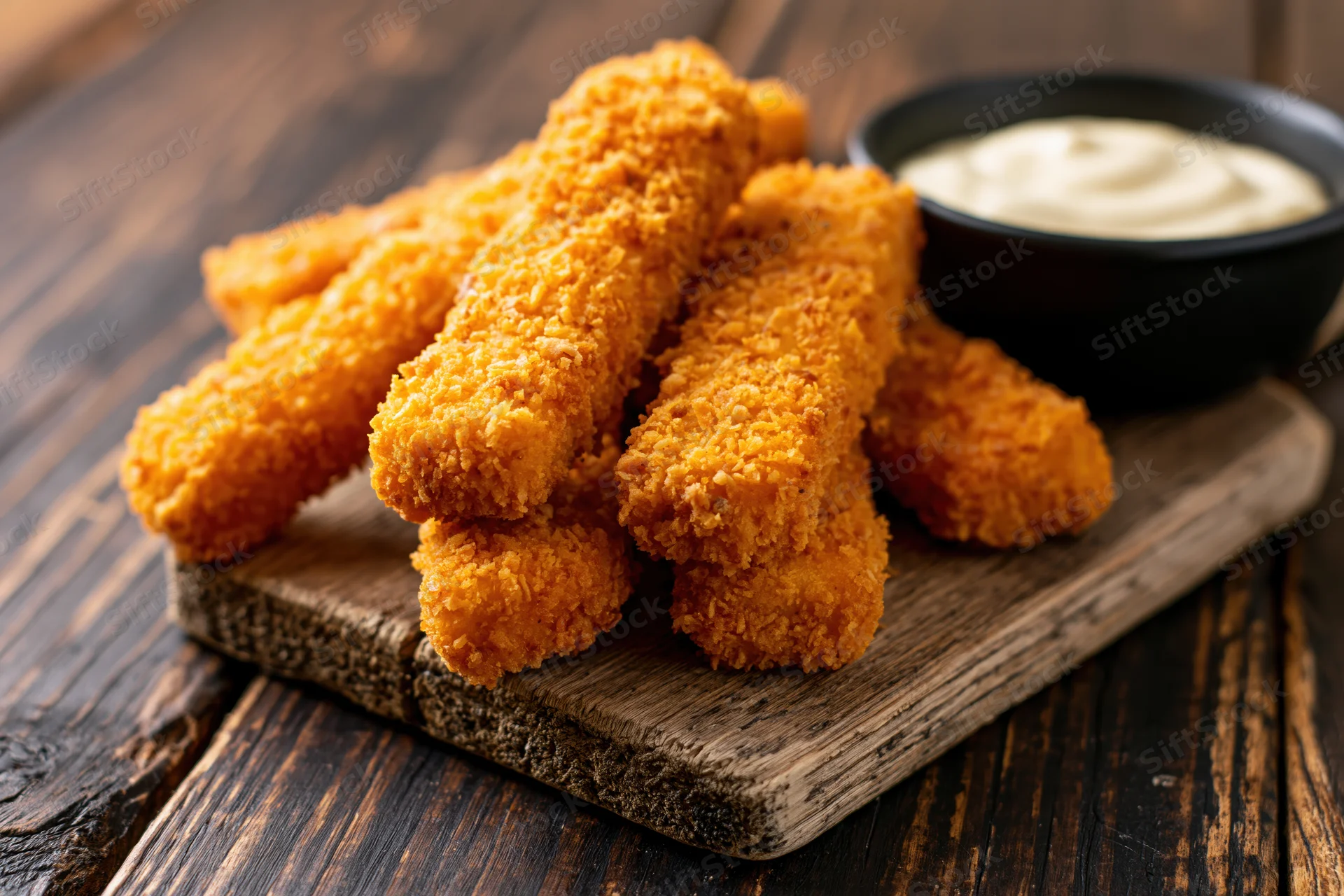 Golden breaded fish fingers piled on a small weathered wooden cutting board with a side of creamy dip