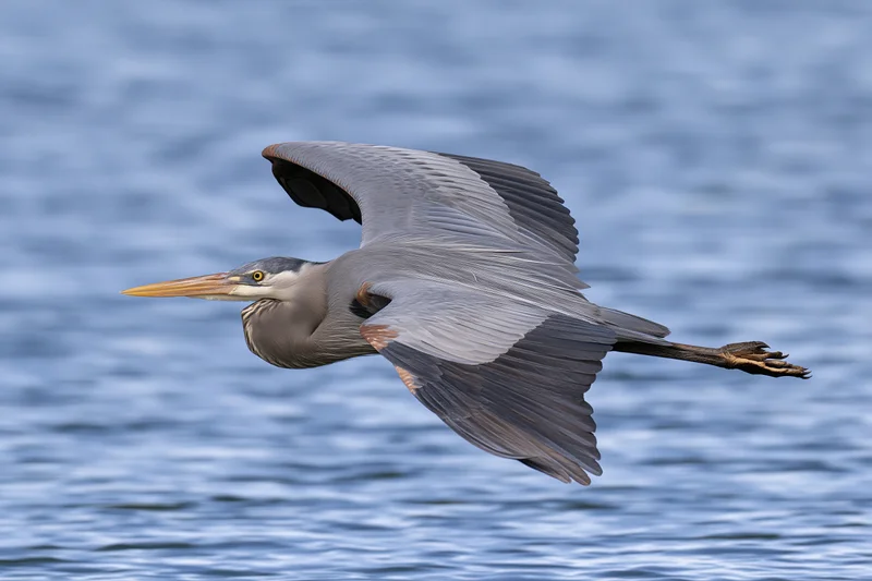 Great blue heron gliding with wings extended over water