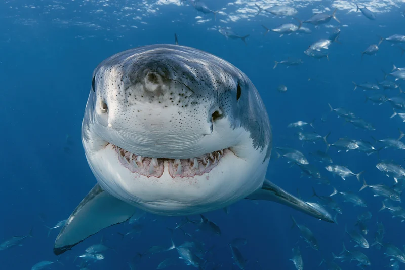 Great white shark swimming directly toward camera with open mouth in deep blue ocean surrounded by school of fish