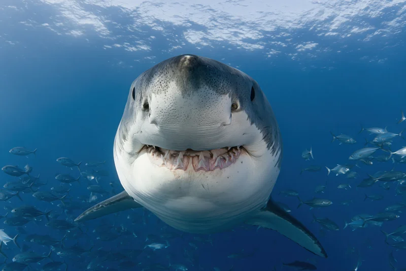 Great white shark swimming directly toward camera with open mouth surrounded by fish in deep blue ocean