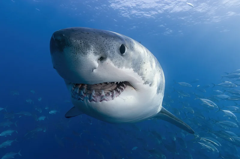 Great white shark swimming directly toward camera with open mouth in deep blue ocean surrounded by fish school
