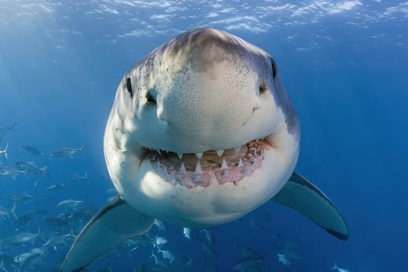 Great white shark swimming directly toward camera with open mouth in deep blue ocean surrounded by small fish
