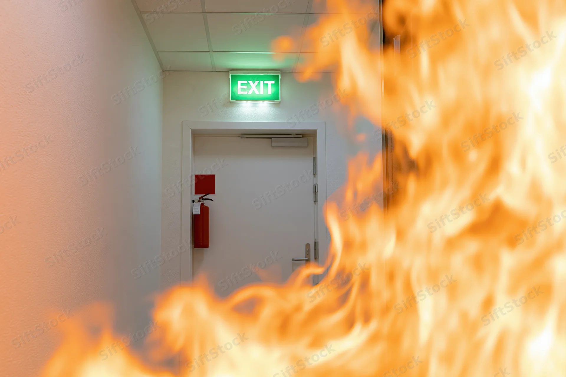 Flames in a hallway leading to a white fire door with a green illuminated exit sign above it