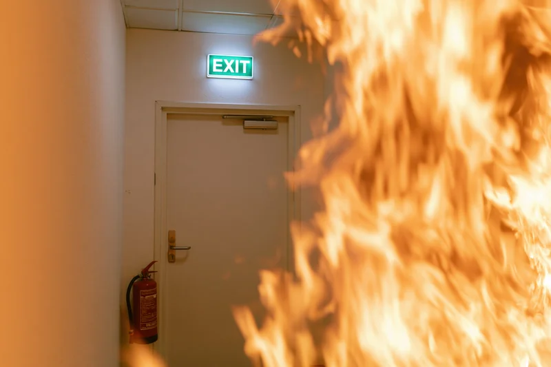 Flames engulfing a hallway with a green illuminated exit sign above a white fire door