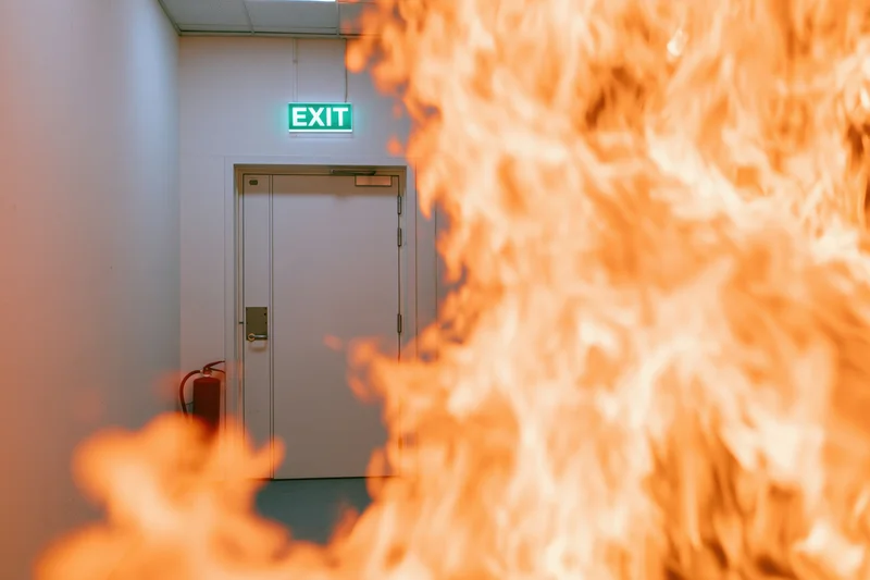 Flames in foreground with green illuminated exit sign above white fire door in hallway