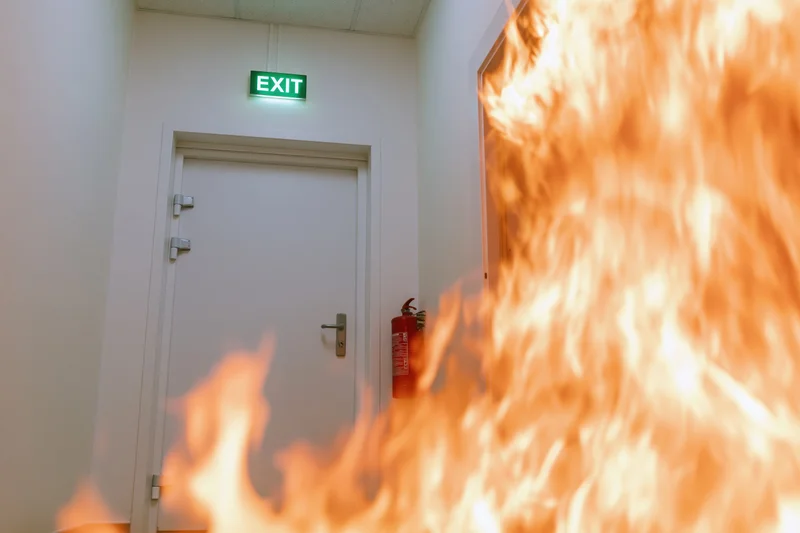Flames in a hallway near a white fire door with green illuminated exit sign and fire extinguisher mounted beside it
