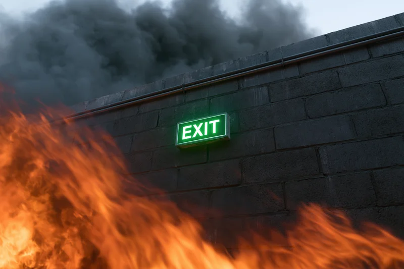 Glowing green exit sign on a dark brick wall surrounded by flames and smoke