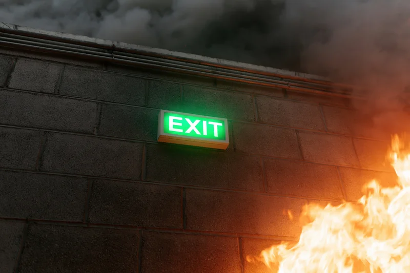 Green illuminated exit sign on a concrete wall with flames and smoke nearby