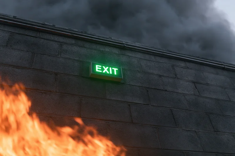 Green illuminated exit sign on a concrete wall with flames and smoke below