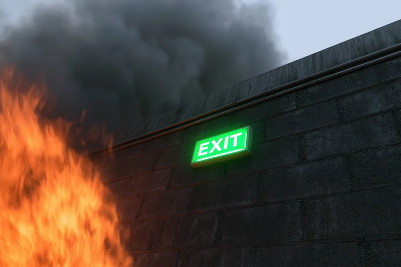Green illuminated exit sign on concrete wall with flames and smoke nearby