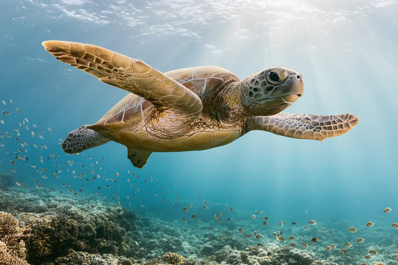 Sea turtle swimming over coral reef in shallow ocean water