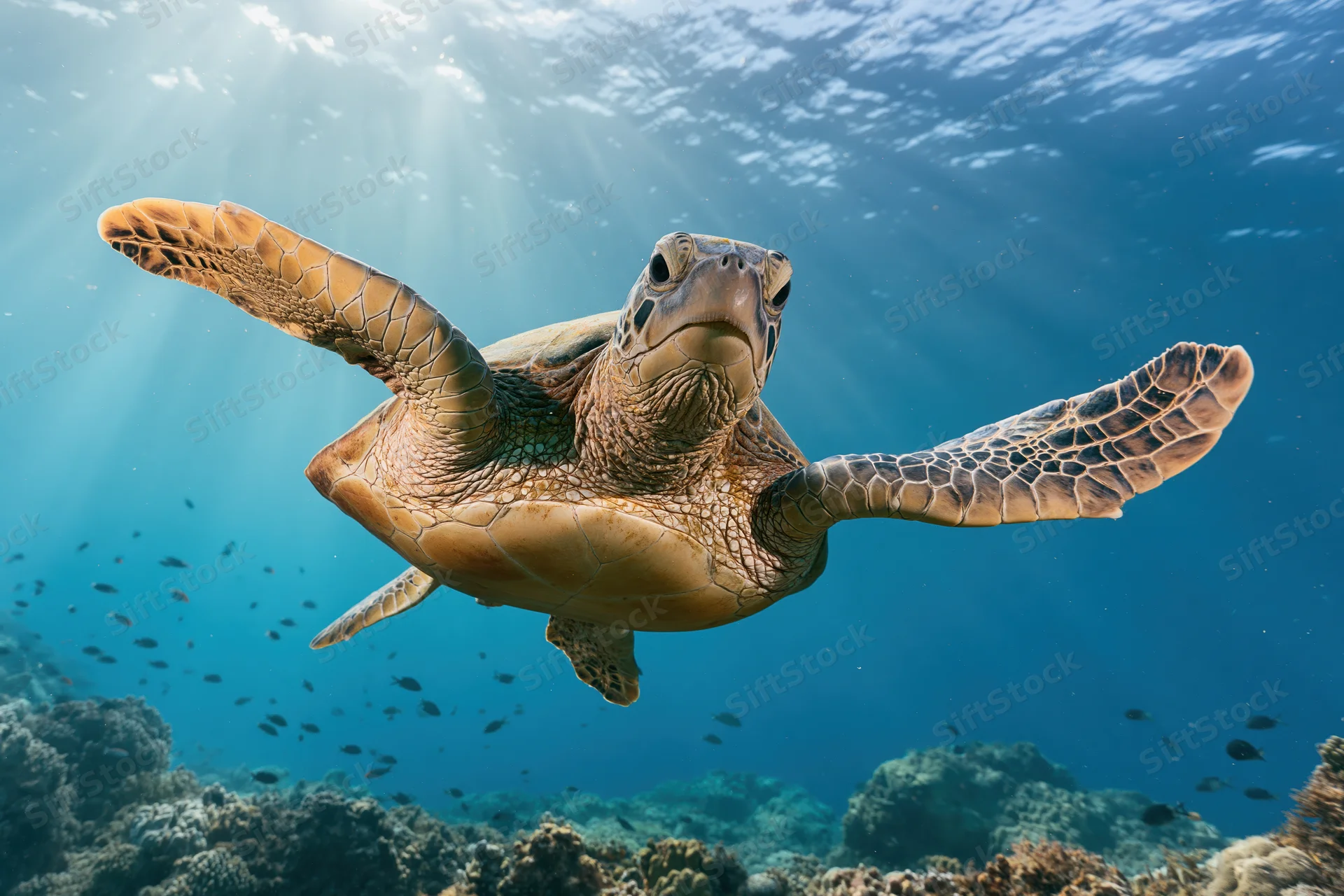Sea turtle swimming through shallow coral reef with sunlight filtering through water