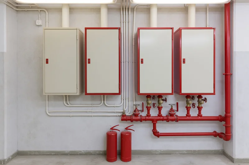 Industrial fire suppression system with control panels and red pipes mounted on a beige wall in a utility room