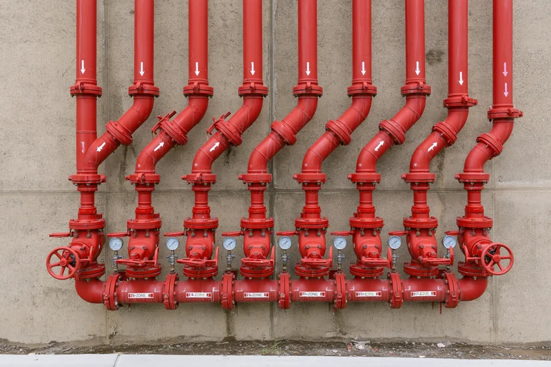 Red fire suppression pipes with valves and gauges mounted on a concrete wall