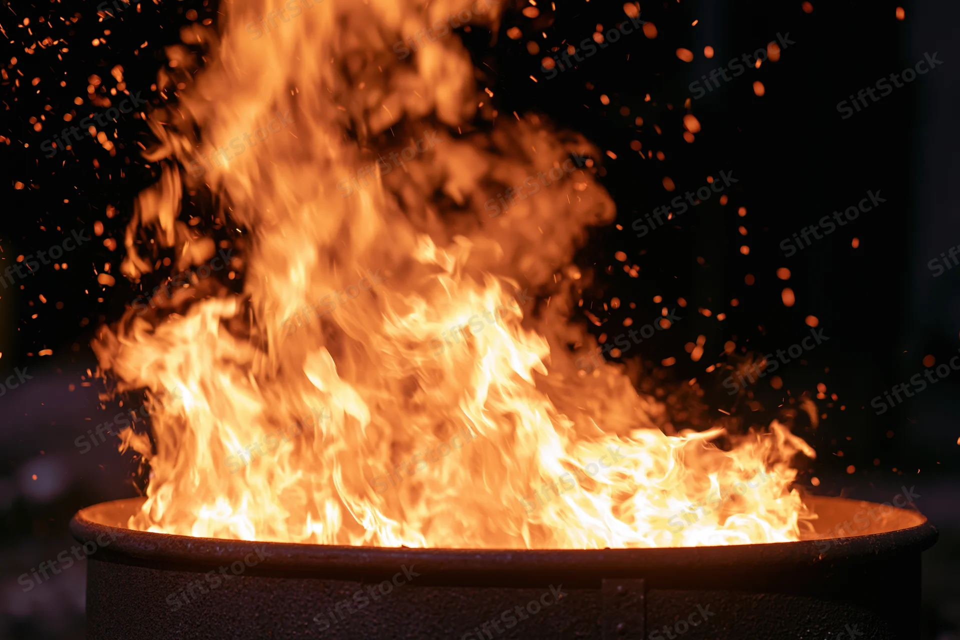 Intense flames burning inside a metal barrel at night