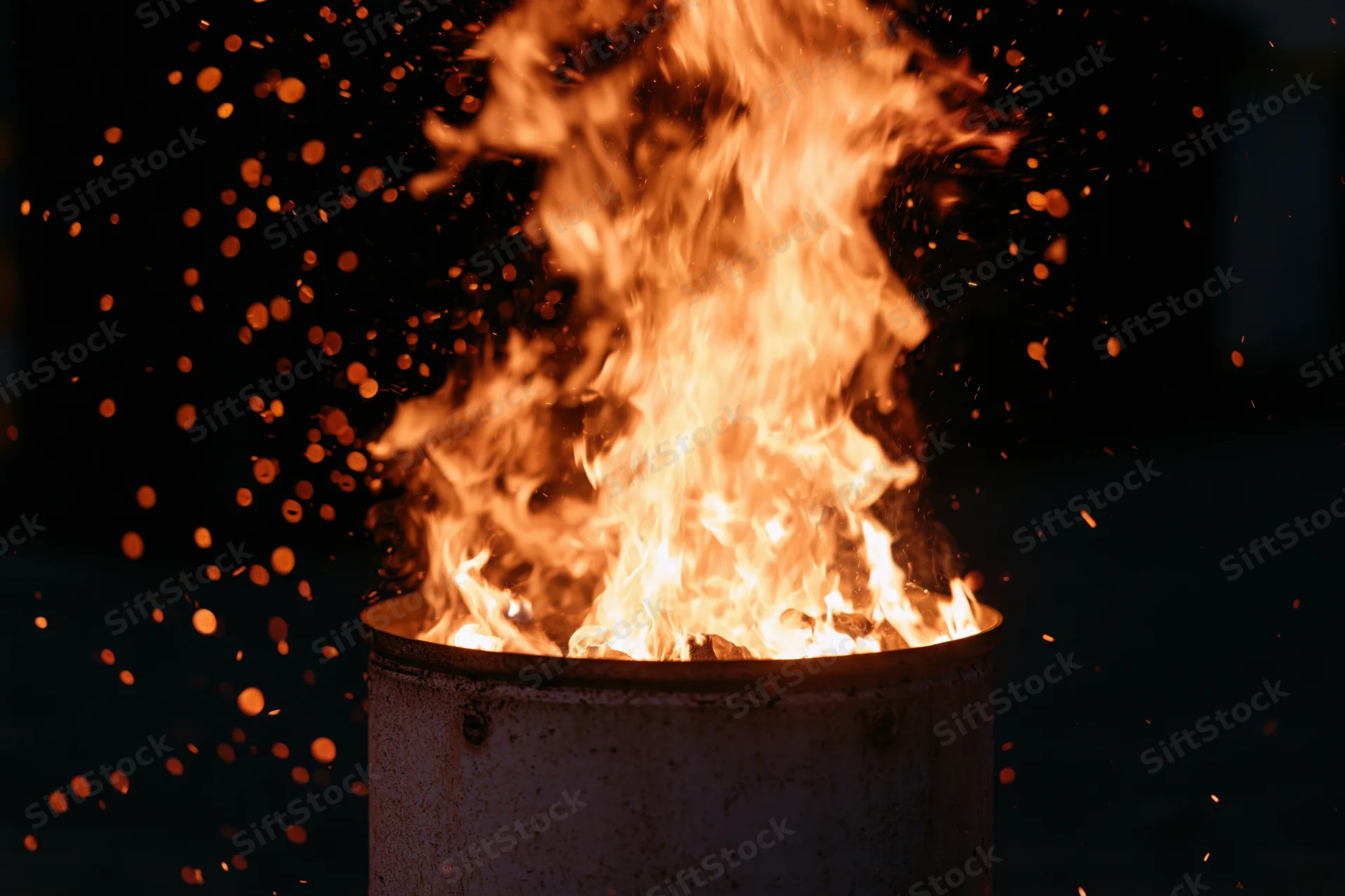 Intense fire burning inside a metal barrel at night